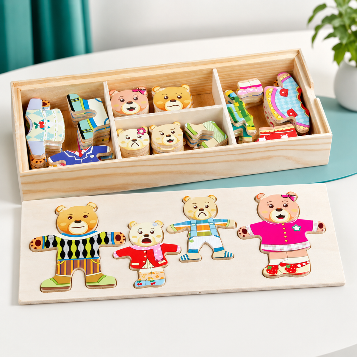 Lernspielzeug aus Holz – Tierpuzzle zum Formen- & Outfitwechsel