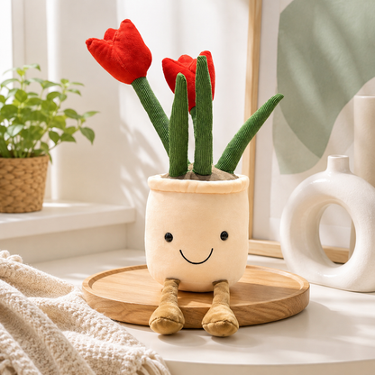 Fröhliche Plüschpflanze mit kräftig roten Tulpenblüten.
