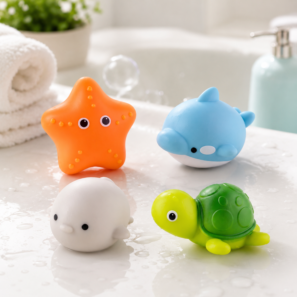 LED Badespaß – Farbenfrohes Lichtspiel für kleine Entdecker! 4 Stück (Schildkröte Seestern Pinguin Delfin)