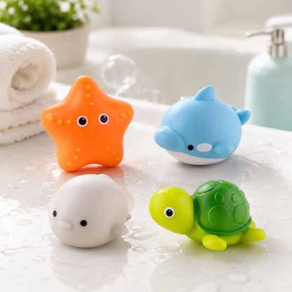 LED Badespaß – Farbenfrohes Lichtspiel für kleine Entdecker! 4 Stück (Schildkröte Seestern Pinguin Delfin)