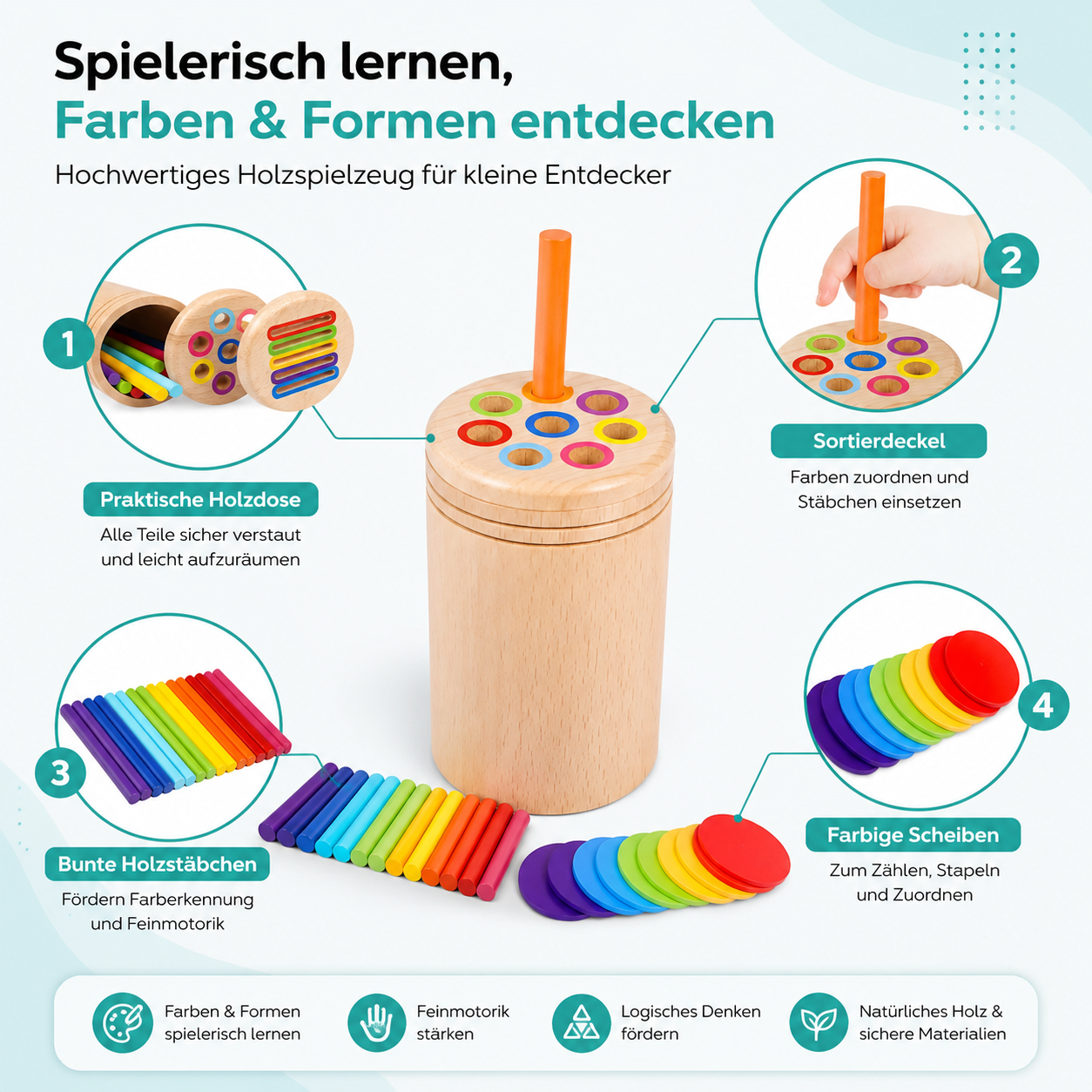 Holz Montessori Sortierspiel – Farben & Formen lernen
