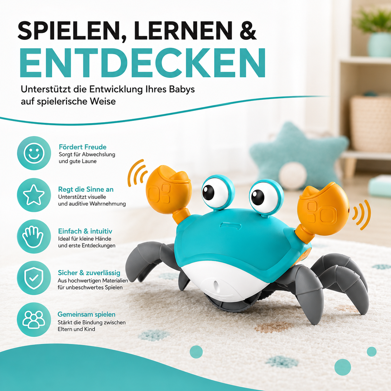 Interaktives Krabben Spielzeug für Babys mit Musik und LED Licht
