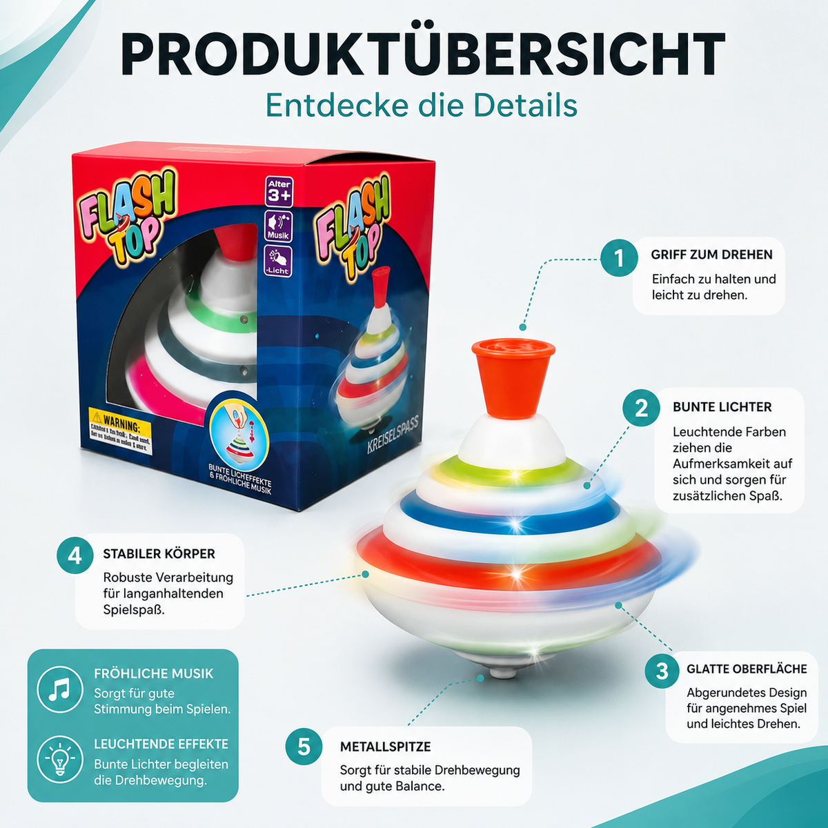 LED Musik Kreisel für Kinder – Leuchtender Lern-Spielspaß