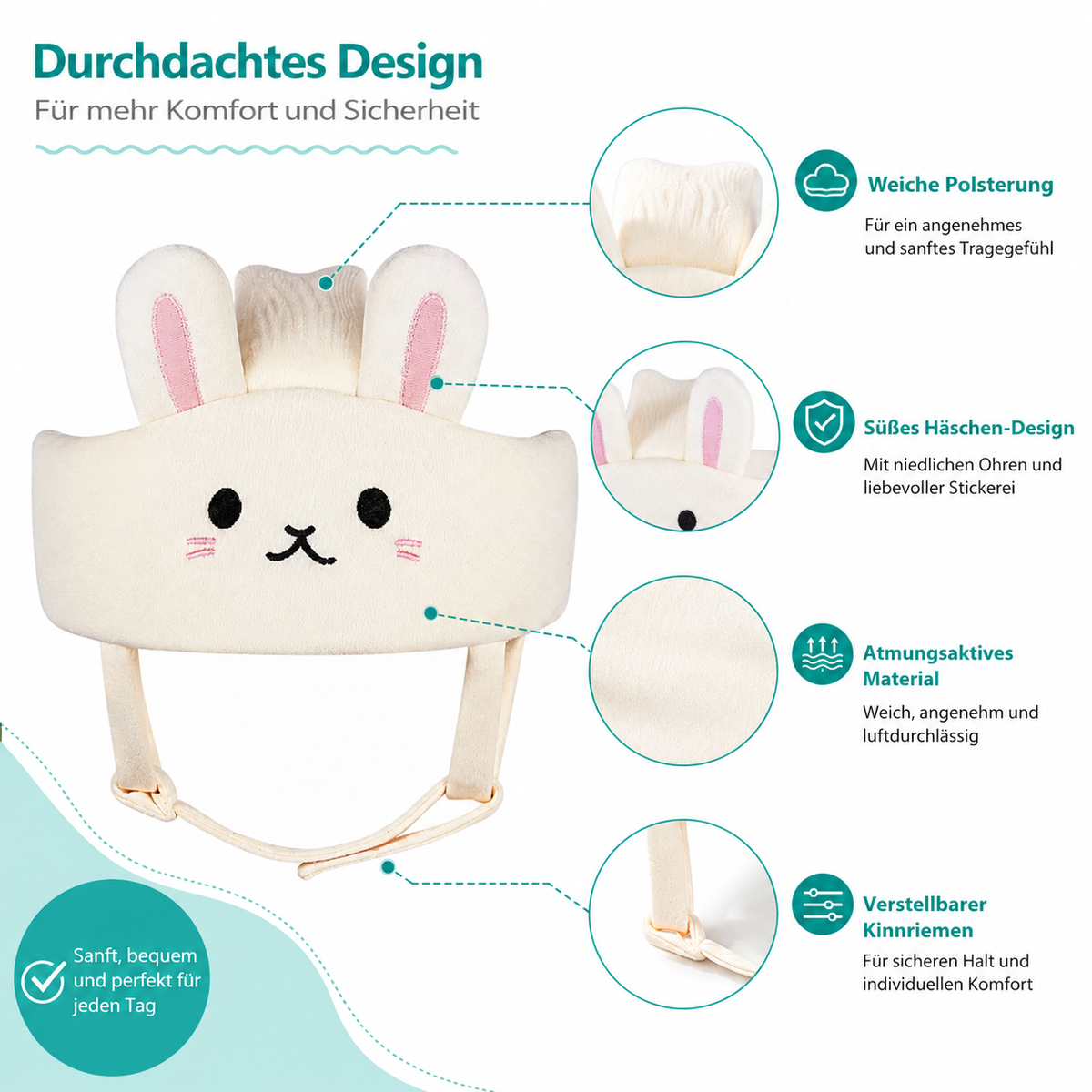Detailansicht mit Polsterung, Hasen-Design und praktischem Kinnriemen.