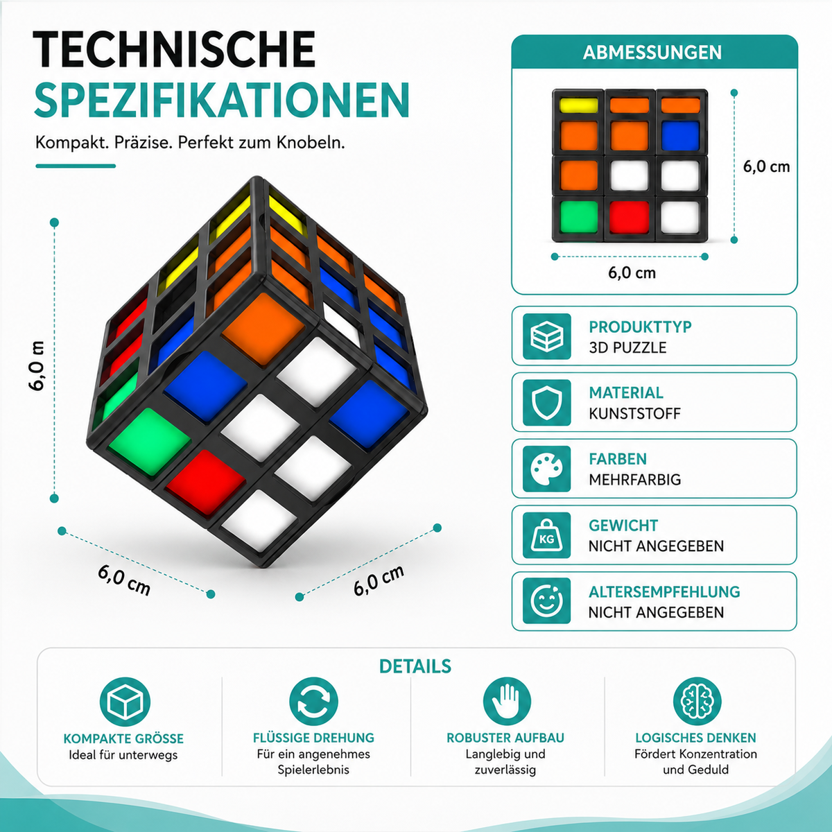 Übersichtliche Darstellung des 3D-Puzzlewürfels und seiner Gestaltung.