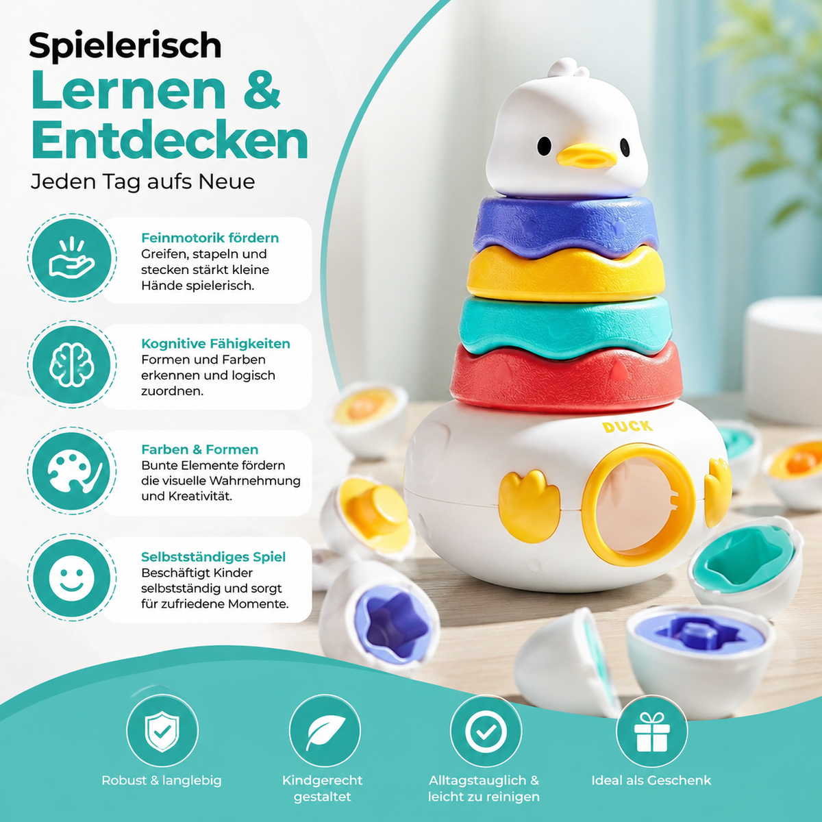 3-in-1 Stapelturm Spielzeug mit Ringen & Sortier-Eiern für Kleinkinder