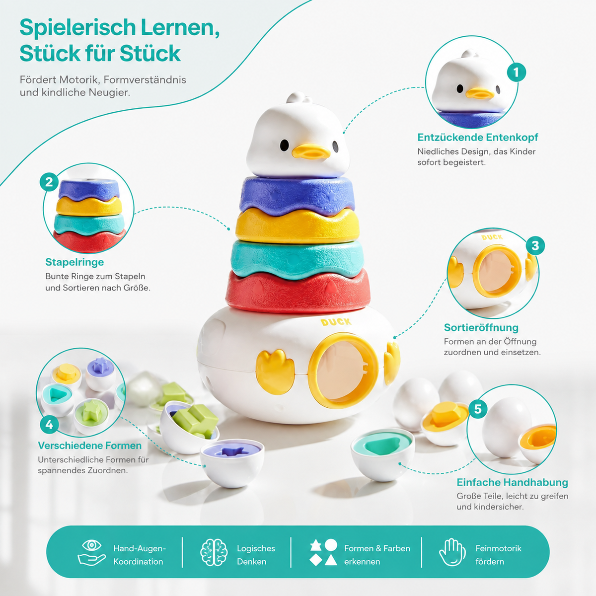 3-in-1 Stapelturm Spielzeug mit Ringen & Sortier-Eiern für Kleinkinder
